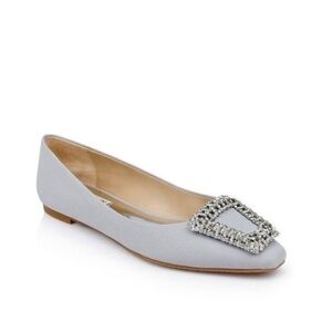 Badgley Mischka Emerie Embellished Crystal Buckle Satin Silver Slip on Flats NWT